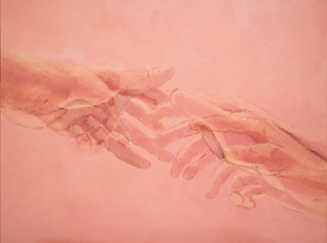 Digitally edited painting of two hands with fingers almost touching.