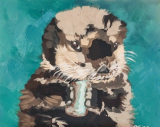 Painting of a baby sea otter, Joey, holding a piece of ice in his paws, on a blue background.